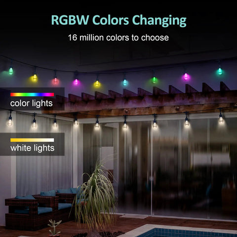 Smart Outdoor String Lights With App Control And WiFi, 72.5Ft RGB LEDs, 22 Bulbs, colorful lights on patio pergola
