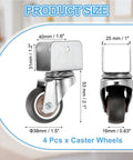 Brown 1.5 Inch Swivel Caster Wheels 4 Pack With U Bracket showing size dimensions and details, made of heavy duty rubber.