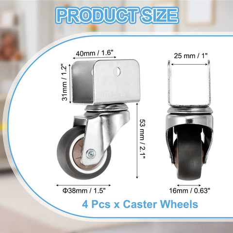Brown 1.5 Inch Swivel Caster Wheels 4 Pack With U Bracket showing size dimensions and details, made of heavy duty rubber.