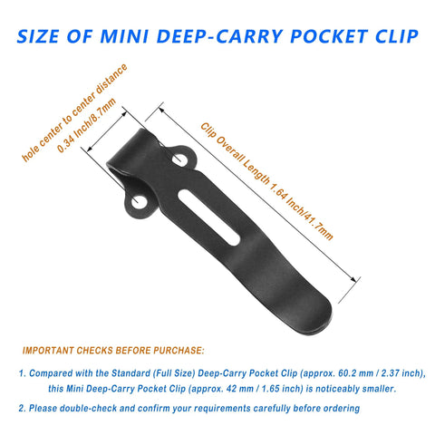 Compact Mini Deep Carry Pocket Clip In Stainless Steel Black 1.64 Inch Includes 2 Clip Screws Ultra Durable EDC Knife Clip