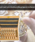 Pro Grade 20 Calibers Watch Mainspring Winder Kit With Barrels And Copper Tools Horology Maintenance Set in wooden box, open view