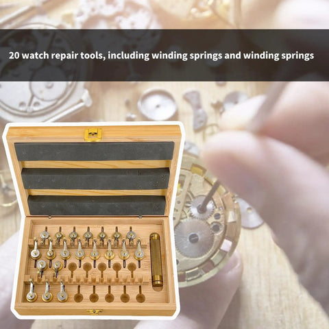 Pro Grade 20 Size Mainspring Winder Set with Wooden Box, copper adapters, on a watchmaker's bench with intricate tools visible