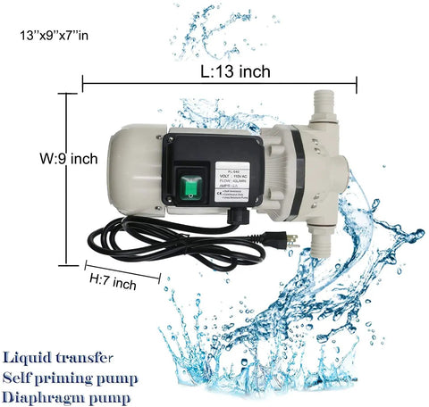 Top view of 13x9x7 inch diaphragm irrigation pump with self priming for industrial use, 110V AC, 10.6 GPM flow, 23 PSI.