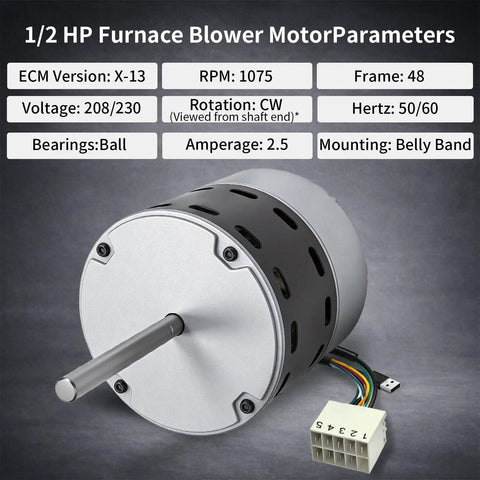 1/2 Hp Ecm X-13 Furnace Blower Motor 1075 Rpm Direct Oem Replacement For 6205E Hvac System showing motor parameters and design detail.