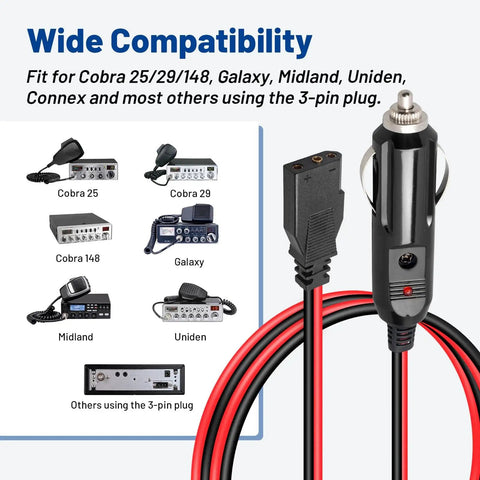 CB Radio Power Cord 12V 3 Pin Plug Fused Replacement Cable with radios and compatible device images