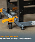 Heavy Duty Universal Mobile Tool Base With 3 Inch Non Marking Wheels, 650 Lb Capacity, low profile view of adjustable metal frame