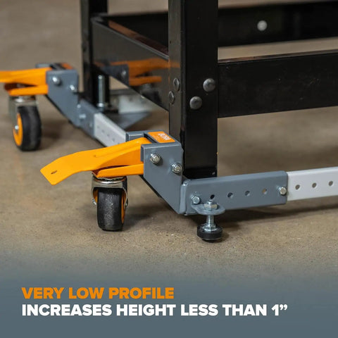 Heavy Duty Universal Mobile Tool Base With 3 Inch Non Marking Wheels, 650 Lb Capacity, low profile view of adjustable metal frame