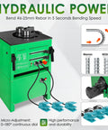 Beefy 1700W Hydraulic Rebar Cutter And Bender 2 In 1 Tool with green frame and dial, showing rebar size options and speed