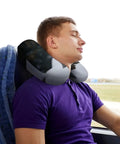 Man using Snow Owl Travel Pillow Comfy Ergonomic U Shaped Neck Support With Memory Foam For Planes Trains Cars And All Day Trips
