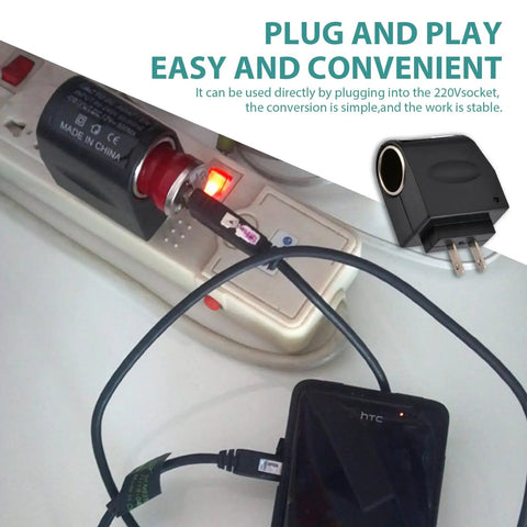 No Hassle Heavy Duty Automotive Power Converter Steps Down AC 220V To DC 12V Right Out Of Your Cigarette Lighter Port, shown plugged in.
