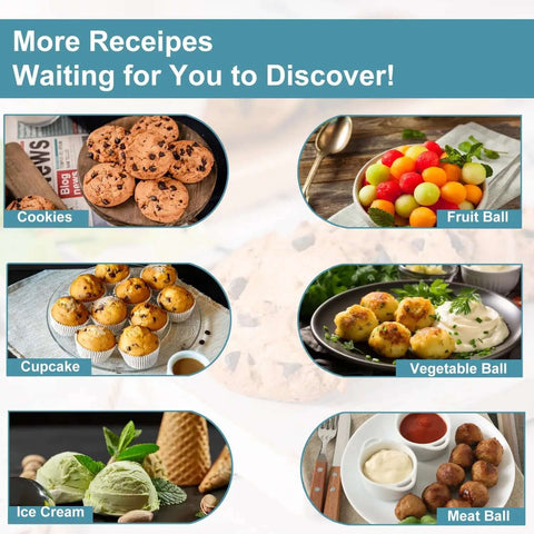 Recipe suggestions featuring cookies, fruit balls, cupcakes, vegetable balls, ice cream, and meatballs for Triple Cookie Scoop Set With 1 Tbsp, 2 Tbsp, And 3 Tbsp Sizes, 18/8 Stainless Steel With No Slip Grip, Perfect For Cookies, Cupcakes, Muffins, Ice Cream, Waffles, And More For Easy Portioning And Cleanup.