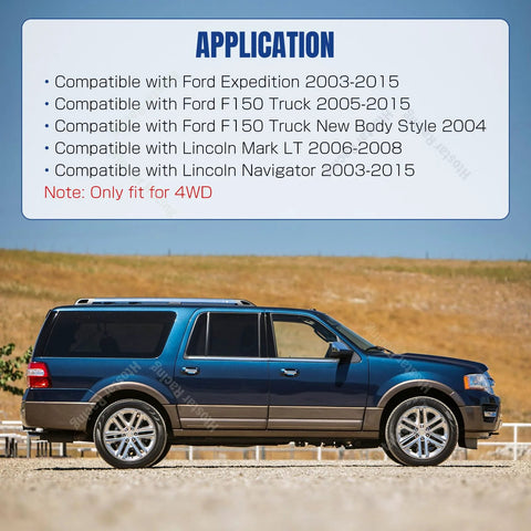 Side view of blue full-size SUV with large application banner overhead.