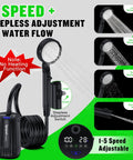 On The Go Camping Shower With 10000mAh Battery showing 5 adjustable spray speeds and LED display for outdoor use.