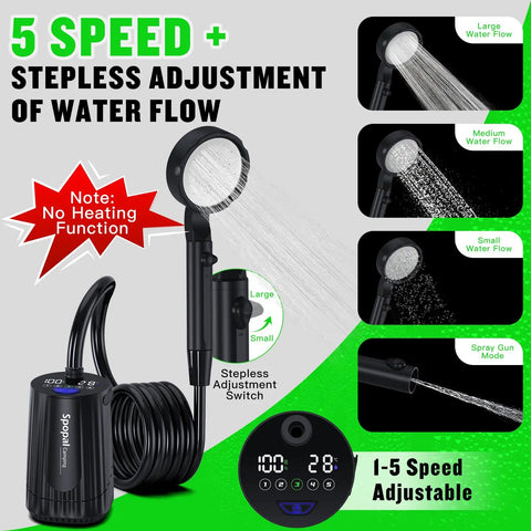 On The Go Camping Shower With 10000mAh Battery showing 5 adjustable spray speeds and LED display for outdoor use.