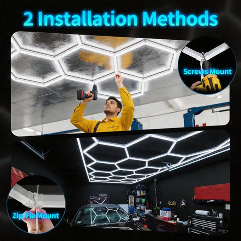 Man installing Beast Bright Hexagon LED Garage Light Kit 168W 16,800 Lumens 6500K Daylight White 5 Grid Hex Lighting Ceiling System