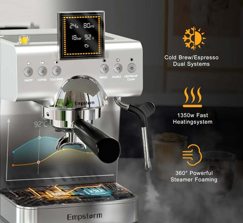 20 Bar Espresso Machine With Steam Milk Frother, Stainless Steel Coffee Maker With LED Display For Home And Office, Cold Brew And Hot Coffee Maker, Barista Grade Cappuccino And Espresso Maker