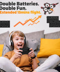 Child with headphones playing with Foam Remote Control Plane For Kids And Beginners Noob Friendly With LED Lights Altitude Hold 360 Degree Flips