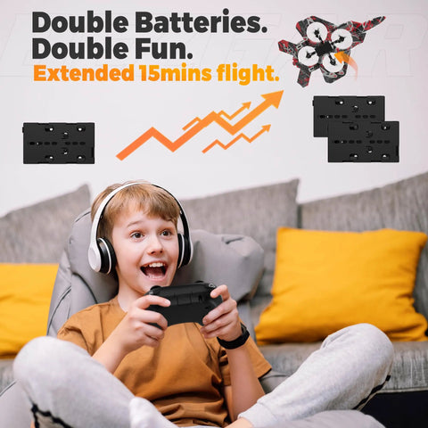 Child with headphones playing with Foam Remote Control Plane For Kids And Beginners Noob Friendly With LED Lights Altitude Hold 360 Degree Flips