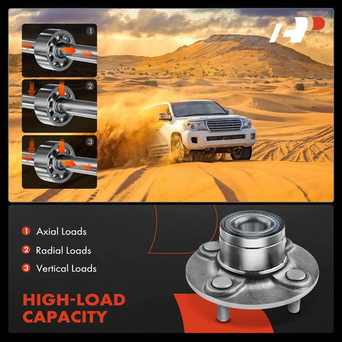 Diagram of wheel bearing assembly and SUV driving in desert, highlighting high-load capacity for Two Pack Rear Wheel Bearing And Hub Assembly For 4-Lug Nissan Sentra 1990-1999, NX 1991-1993, And 200SX 1995-1998 Replacement Part With High Load Capacity And Ball Bearing For Smooth, Reliable Driving.