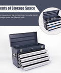 Road Ready 21 Inch Auto Locking Tool Chest, Freestanding Utility Cabinet With Ball Bearing Slides And Eva Padded Drawers, Quick Load Carry Handle For Mobile Workshop In Antique Grey showing open lid and five storage drawers.