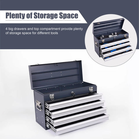Road Ready 21 Inch Auto Locking Tool Chest, Freestanding Utility Cabinet With Ball Bearing Slides And Eva Padded Drawers, Quick Load Carry Handle For Mobile Workshop In Antique Grey showing open lid and five storage drawers.