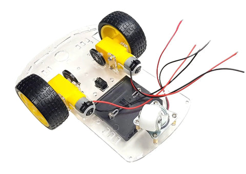 2WD RC Car Chassis Kit With Dual DC Motors And Speed Encoders For Arduino ESP32 ESP8266 And Raspberry Pi Real Time Speed Tracking And Easy Motion Control Durable Acrylic Frame rear view showing wheels and wires on acrylic base