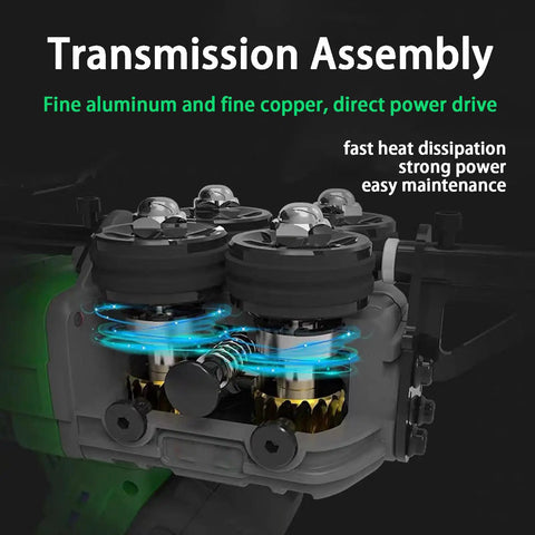 Transmission assembly showcasing fine aluminum and copper parts, designed for Cordless Electric Wire Puller With Portable Cable Threader And Included Battery For No Sweat Construction And Communication Line Stringing Featuring Quick Variable Speed And Knockout Four Wheel Drive Grip.
