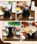 Steps to use 6 Cup Electric Moka Pot Espresso Maker 300ml Portable Aluminum Coffee Brewer Detachable Base Travel Friendly