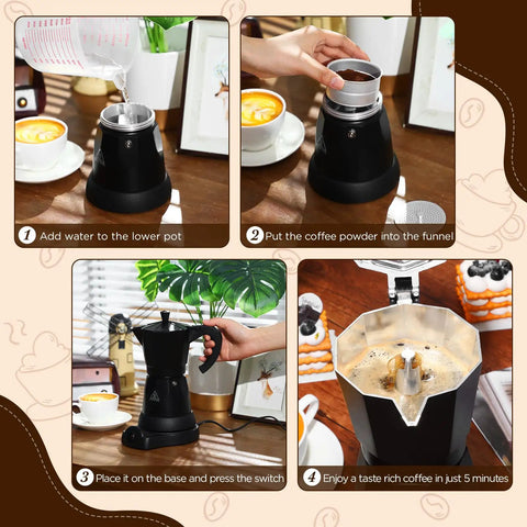 Steps to use 6 Cup Electric Moka Pot Espresso Maker 300ml Portable Aluminum Coffee Brewer Detachable Base Travel Friendly