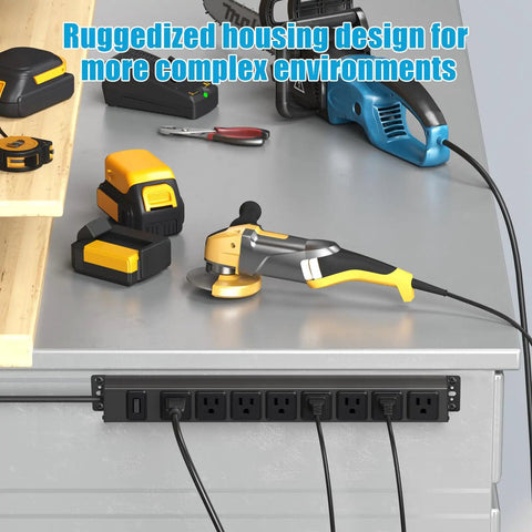 Eight Outlet Magnetic Power Strip With 6 Ft 14AWG Cord Mounts On Metal Surfaces No Drill Setup Includes Four Screws For Easy Wall Or Desk Use Perfect For Garage Shop Or Home Office, black metal strip on toolbox