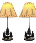 Two Piece Rustic Cabin Table Lamp Set With Cast Iron Bear And Forest Scene, Pine Tree Details, 24.5 Inch Tall Lamps, 14 Inch Shade Included