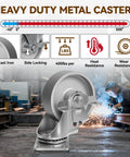 Rock Solid 4 Inch Casters Heavy Duty Industrial Caster Wheels Set Of 4 With 1600 Lb Load Rating swivel metal wheel showing side locking feature.