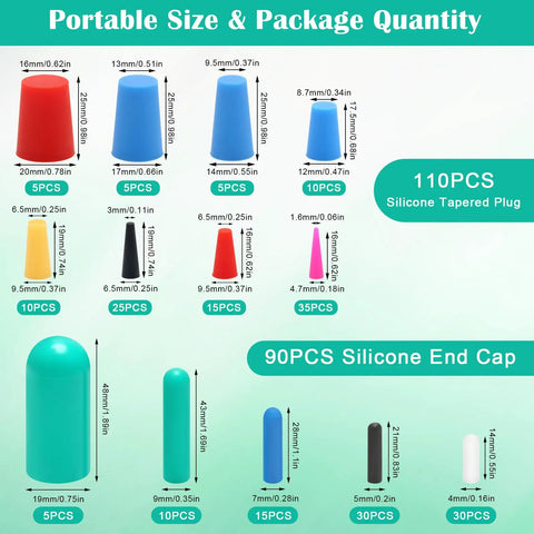 200-Piece Silicone Rubber Tapered Plug Set With High Temperature Resistant Stoppers And Protective End Caps In Five Color Variants