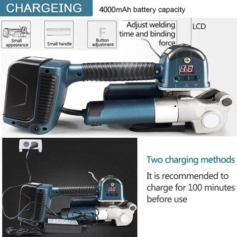 Badass Portable Electric Strapping Machine Workhorse For 11 To 19 Mm Pp Pet Straps Automatic Welding Tensioner with charging display.