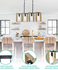 Dope Farmhouse Kitchen Light Fixtures 4 Light Adjustable Pendant Chandelier With Wood Frame And Black Metal Finish