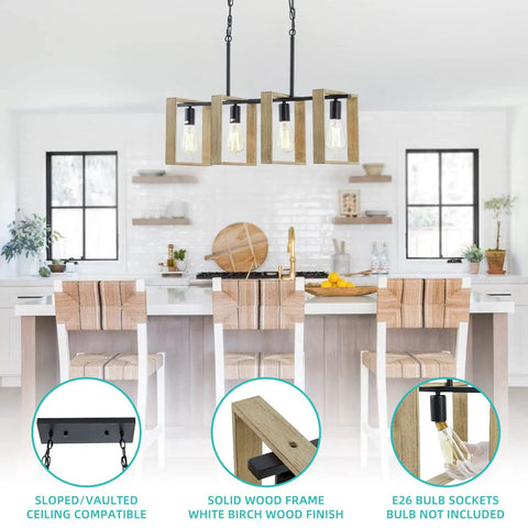 Dope Farmhouse Kitchen Light Fixtures 4 Light Adjustable Pendant Chandelier With Wood Frame And Black Metal Finish