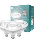 Motion Activated LED Flood Lights PAR38 Linkable Outdoor Security Light Bulbs shown with packaging, three bulbs visible