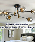 Lit Modern Glass Globe Sputnik Chandelier Flush Mount Ceiling Light In Black And Gold Finish For Dining Room and Hallway