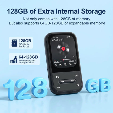 128GB Clip MP3 Player With Bluetooth 5.3, FM Radio, Voice Recorder, E-Book Reader, and Workout Ready Portable Music Player showcasing 128GB expandable storage capacity with blue background
