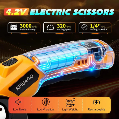 Heavy Duty Cordless Electric Scissors With 3000mAh Battery For Cutting Cardboard Boxes And Packing Tape Fast USB C Rechargeable Power Tool close-up showing battery and features.
