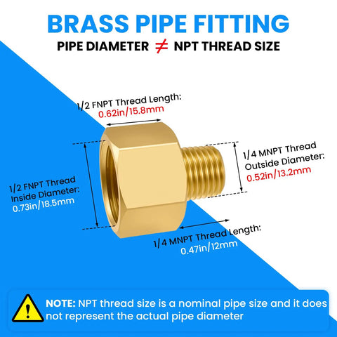 Brass Pipe Fitting Set Of Two One Quarter Inch NPT Male To One Half Inch NPT Female Reducer Adapters For Pipe Extensions Wet Environments Durable Brass Construction Easy Install with size and thread info diagram.