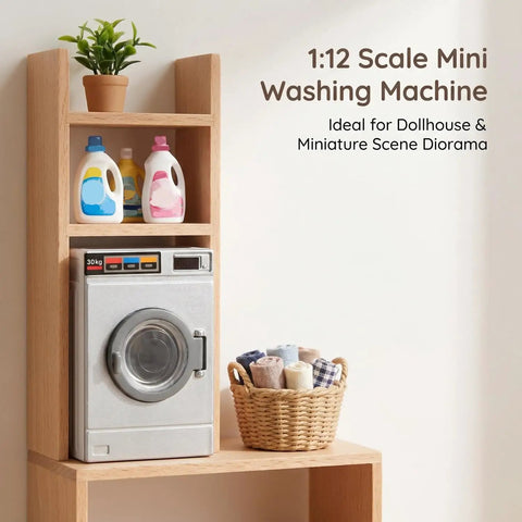 1:12 Scale Mini Drum Washing Machine For Dollhouse Kitchen Setup on wooden shelf with detergent and towels.