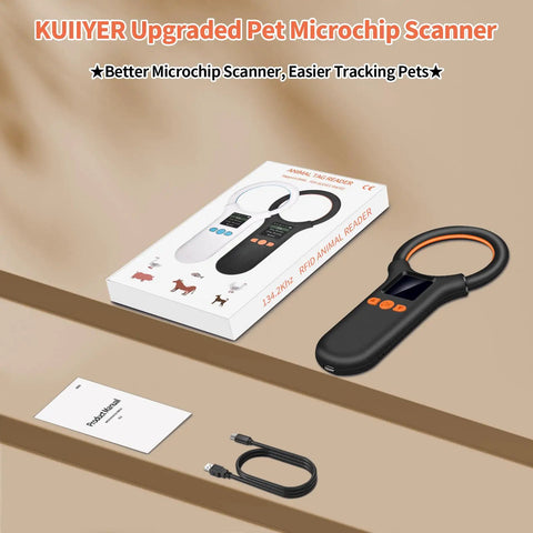 Pet Microchip Scanner For Dogs Cats And More, Rechargeable RFID EMID FDX B Reader with LCD, box, instructions, USB cable