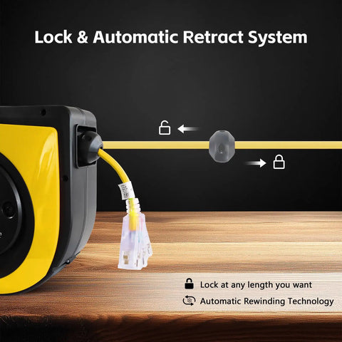 Heavy Duty Retractable Extension Cord Reel Rolls Up Crisp Saves Floor Space Delivers Serious Muscle For Garage Or Shop With 75 Foot 14 Gauge Cable Lighted Triple Outlets And 10 Amp Breaker, featuring automatic retract system and locking mechanism.