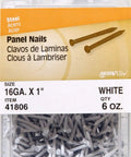 Premium Ringed Shank Panel Nails, One Inch By 16 Gauge, White Painted Finish in 6 oz container for drywall and wood paneling.