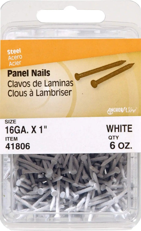 Premium Ringed Shank Panel Nails, One Inch By 16 Gauge, White Painted Finish in 6 oz container for drywall and wood paneling.
