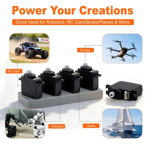 Beefy Torque Metal Gear Digital RC Servo 7.4V 10.5KG for RC cars, drones, robotics, boats, and planes illustrating versatile use.