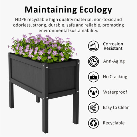 Raised Garden Bed With Drainage Hole Waterproof HDPE Elevated Planter Box With Legs Tough As Nails For Herbs Vegetables And Flowers Perfect For Patio Balcony Outdoors Or Indoors Black, showcasing flowers inside.