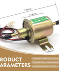 12V Heavy Duty Plunger Fuel Pump for Low Pressure Delivery, high flow gas pump, gold finish, side view, dimensions, wiring