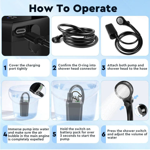 Instructions for Portable Camping Shower With 6000mAh Battery, LED Display, IPX7 Waterproof Outdoor Shower Kit setup